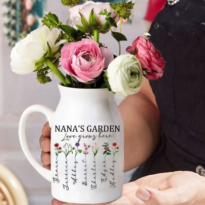 Custom Nanas Garden Flower Vase, Personalized Birth Month Flower Vase with Grandkids Names, Mothers Day Gift for Gigi, Grammy, Mum, Nana